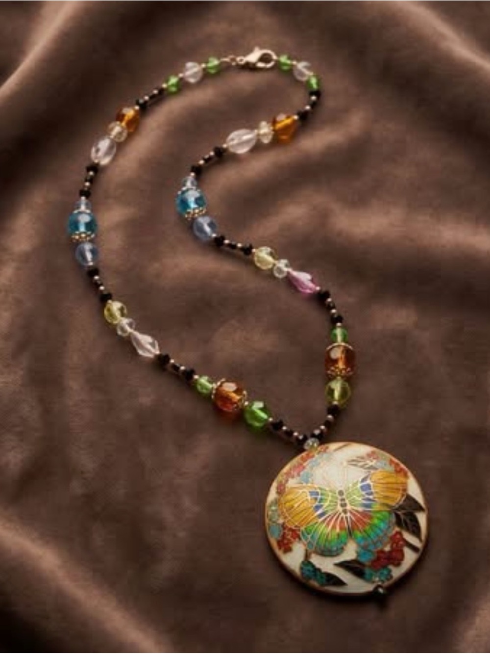 Vintage Cloisonné Butterfly Pendant With Beaded Chain